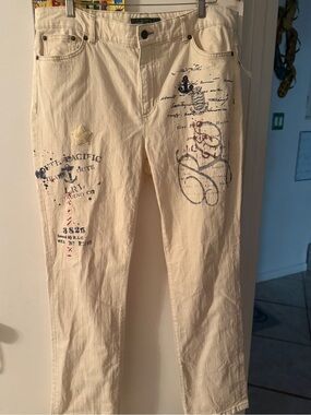 Ralph Lauren Cream Straight Leg Jeans with Nautical Script Details